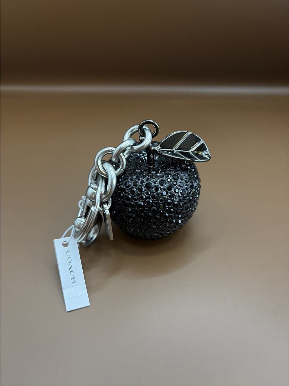 Coach Resin Crystal Apple Bag Charm Keychain Silver / Black CCD29 Ships Same Day